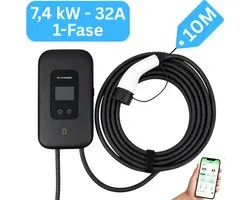 Laadpaal 7,4 kW met gratis app | 10 meter vaste kabel Type 2 | 3 RFID pasjes | Mobiele app / Wifi | IP65 waterdicht | Type B beveiliging | 2 jaar garantie | Slimme Wallbox 7,4 kW 1 fase 32A
