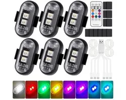 Un ensemble de 6 stroboscopes LED sans fil avec 8 couleurs, incluant une télécommande, une fonction de chargement USB et une fonction anti-collision, adaptés aux voitures, motos et camions.