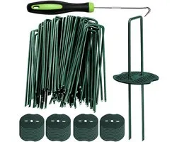 Bakulyor 150 Green Weed Control Membrane Pegs + 150 Buffer Ring, 150mm Artificial Grass Pegs, Ground Pegs, Metal Garden Pins for Netting Cladding, Fabric Barrier, Landscape Staple Poles