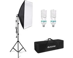 LifeGoods Softbox Studio Lamp - Avec Trépied, Diffuseur, 2x Lampe CFL 85W et Sac De Transport - 50x70 cm - Noir