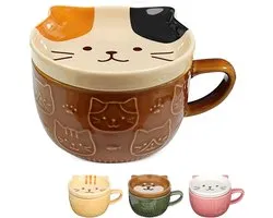 Cute Ceramic Cat Mug with Lid - Funny Cat Coffee Mug for Cat Lovers - Gift for Women Friends Kids - Brown - 300ml