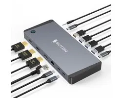 Siltcon® 14 in 1 - Docking Station Laptop – USB C Hub – USB C Dock - 2x Display Link (DP) 4K 60Hz – 1x HDMI 4K 60Hz – 100W Thunderbolt 4 – RJ45 gigabit – 4x USB-A 3.2 – 4x USB-C 3.2 - Plug & Play Geen Drivers – Universeel Voor Laptops – Spacegrey