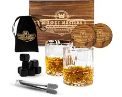 Set à whisky de Luxe Whiskey Masters - Incl. 2 Verres à whisky, 8 pierres à whisky, 2 Sous-verres, sac de rangement en velours, Opbergbox - Coffret cadeau Whisky - Glas - Glaçons réutilisables
