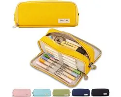 Trousse à crayons pour adolescents, garçons et filles, 3 compartiments, grande capacité, pour l'école et le bureau Trousse scolaire (jaune)