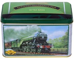 Flying Scotsman Theeblik – 40 Engelse Ontbijttheezakjes | Klassiek Ceylon Zwarte Thee | Plasticvrij, Vegan & Suikervrij | Perfect Cadeau voor Treinliefhebbers met Kajal Sticker