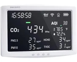 Luchtkwaliteitsmeter Professioneel 8-in-1 – CO2, Fijnstof PM2.5/PM10, TVOC, HCHO, Temperatuur & Luchtvochtigheid – Air Quality Monitor met AQI Index, WiFi & App (Inkbird/Tuya) – Groot Scherm 255x155mm – Wand of Staand