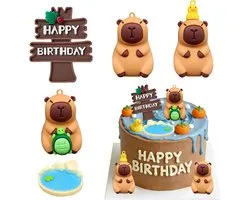 SnelShoppen - Capybara Cake Decoration Set - Happy Birthday Ornaments met Mini Bloemen, Bladeren, Eendjes en Water - 5/20/25 Stuks voor Taart Decorati