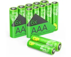 GP Charge&Save mixpack AA & AAA batterijen oplaadbaar | Duurzaam alternatief voor wegwerpbatterijen | Geoptimaliseerde capaciteit voor dagelijks gebruik | Voorgeladen | 6 stuks oplaadbare batterijen AA & 6 stuks oplaadbare batterijen AAA