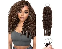 Burmese Curly Feather Crochet Human Hair Extension Unprocessed Mensenhaar Pre-Separated Knotless ,Brown For Women 18 Inch