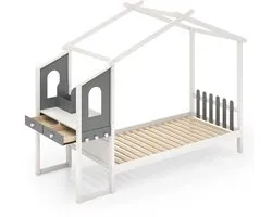 COSTWAY Huisbed met bureau 90x200 cm, kinderbed met lattenbodem, bureau met opbergdoos, laden en haken, jeugdbed, houten bed voor kinderen, wit