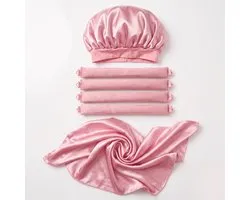 Premium Heatless Curls Set - 4 Koppelbare Haar Rollers & Satijnen Slaapmuts Bonnet - Hittevrije Krulspelden - Overnight Hair Curler met Hoofddoek Wrap - Volumineuze Krullen Zonder Hitte – Silk Blossom (Roze)
