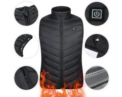 Verwarmd vest – Elektrisch verwarmd vest – Instelbare temperatuur – Verwarmde jas – Thermostatisch verwarmd vest – Verwarmd wintervest – Unisex – Veilig en slim – 3XL – Geschikt voor kamperen, motorrijden, vissen en skiën - Zwart