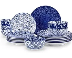 vancasso Selene Dinner Sets for 6 People, 18-Piece Vintage Blue Porcelain Plates and Bowl Set, Kitchen Set, Dinnerware Set, Mircowave and Dishwasher Safe Dinnerware Set