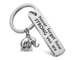 Zilverkleurige tekst sleutelhanger metaal sleutelhanger dames met rechthoekige hanger en tekst Never forget how STRONG you are, olifant bedel en ronde sleutelring, decoratieve keychain voor sleutels en tas