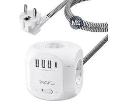 8-in-1 Cube Stopcontact - Meervoudige Stekkerdoos met USB - LENCENT Power Strip - 4 Voudige Stopcontacten - 3 USB - 1 Type C - Schakelaar - Wandstopcontact - 2M Gevlochten Kabel