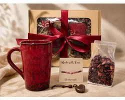 Ensemble de Luxe pour Femmes - Ensemble Cadeau Rempli d'Amour - Tasse Rouge Framboise 380 ml - Bracelet en Pierres Précieuses - Thé & Petit Cœur