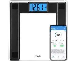 Elektronische Personenweegschaal - Gewicht en BMI - Bluetooth - Gehard Glas - Extra Groot Platform - Zwart - 250 kg - Personen