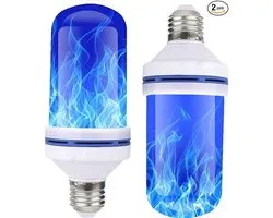Twee LED-lampjes met vlameffect, blauwe knipperende vlamlampjes, E27 fitting, 4 standen, geschikt voor Halloween-huisdecoratie.