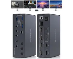 SnelShoppen - Displaylink USB C KVM Switch Docking Station 4K60Hz HDMI voor 3 PC's & 4 Monitors, 10Gbps USB C Data, 1Gbps Ethernet, Audio/Microfoon, I