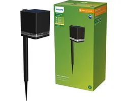 Philips Virona sokkellamp met spies - Solar buitenlamp - Warm wit licht; 2700K - Zwart - Zonne-energie - tuinpadverlichting