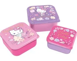 Boîtes à snacks Hello Kitty 3-en-1 - 3 formats - Carré - Ferme bien - Boîtes à lunch pour enfants - Couvercle amovible - Convient aux biscuits, fruits et snacks - Violet/Rose