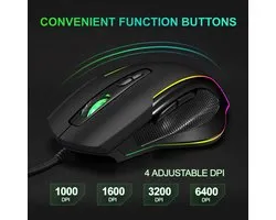 Gamingmuis, ergonomische bedrade gamingmuis, met 6400 aanpasbare DPI, 4 verstelbare niveaus, professionele software voor gamers en kantoor [zwart]