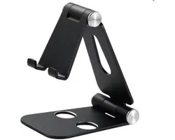 Telefoonhouder | Universeel | Verstelbaar | Aluminium | Telefoonstandaard bureau | Inclusief opbergtas [ ZWART ]