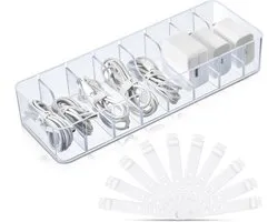 1 stuk kabelorganizer met 10 kabelbinders, plastic opbergdoos voor snoeren, oplader, elektronica-organizer met verstelbare vakken, kabelopbergruimte voor lades, thuiswerkplek, bureau-accessoires (transparant)