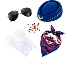 Ericotry 5 STKS Womens Stewardess Kostuum Set Stewardess Hoed Sjaal Broche Zonnebril Handschoenen Voor Air Hostess Halloween Cosplay Accessoires