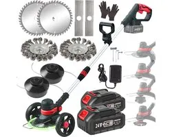 QUOVO® Onkruidborstel Electrisch - Onkruidborstel Machine - Voegenborstel – Bosmaaier Set – Kantenmaaier - Onkruidverdelger - Grastrimmer Met Accu - Incl: Accu, Zaagbladen, Messen En Oplader - Zwart/Rood - 90cm x 15cm x 13cm