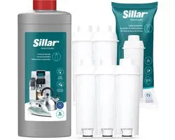 Sillar 5x filtre à eau - remplacement pour DLS C002 SER3017 - compatible avec les machines à café DeLonghi Dinamica PrimaDonna, cartouche + 1x Détartrant 1L - kit machine à café