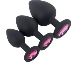 Banoch | Buttplug set Penumbra | zwart siliconen | diamant steen | roze