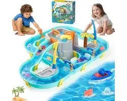 Meedeer Piste d'eau - Jouet aquatique pour enfants en extérieur - Table d'eau avec bateaux, canne à pêche et figurines d'animaux - Jouet d'été pour jardin et plage