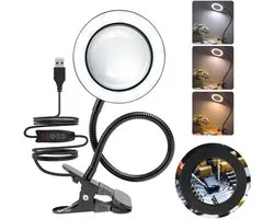 TRANSNECT® - Loeplamp met LED Verlichting - 10x Vergroting - Dimbaar - USB Aansluiting - met Metalen Tafelklem - voor Thuis, Kantoor, Slaapkamer, Lezen, Werken, Studeren - Zwart