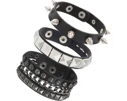 Punk Rock Leather Bracelets 3pcs Adjustable Spiked Leather Cuff Bracelet for Men Women 80s Gothic Spike Bracelets for Halloween Party Accessories One Size Faux Leather