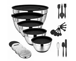 Set de saladiers - Set de 23 pièces - Set de 5 - Acier inoxydable - Bols à mélanger - Avec couvercle de conservation hermétique - Antidérapant - Spatules - Fouet - Maryses - Râpes - Argent