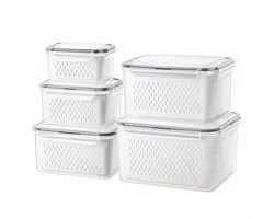 Set of 5 Fresh Food Storage Containers for Refrigerator - Vegetable and Fruit Fresh - with Lid and Drain Baskets - BPA Free - GUWINA