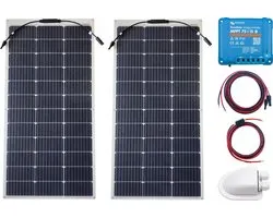 Bluetooth Set Flexibel Zonnepaneel 220Wp Caravan, Camper, Boot, Tent - MPPT Victron Energy laadregelaar 75/15 - Zonnepaneel Compleet Pakket - Kabel met connectoren - Plug-Play set schematische tekening en handleiding-Monokristallijn