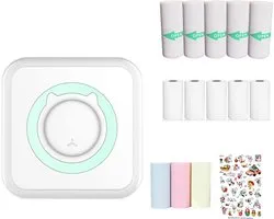 Aurixi® Mini Printer – Inclusief Thermisch/Zelfklevend/Etiket-Papier, USB-kabel, Aquarelpen, Transparant Sticke – Foto Printer Draadloos – Mobiele Fotoprinter - Wit/Mintgroen - 10cm x 10cm x 4cm