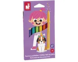 Janod Colo - Marqueurs à Paillettes - Set de 8 Couleurs Différentes - Ajoutez de la Brillance à Toutes Vos Œuvres ! - Fournit une haute densité de Glitter - Convient aux enfants de 3 ans et plus