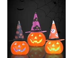 Shinybox LED Candles for Halloween 3 Pieces Halloween Decoration LED Horror Pumpkin with Colourful LEDs and 3 Witch Hats Table Decoration for Indoor and Outdoor Use