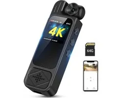 Caméra corporelle WiFi 4K – Objectif rotatif 180° – Vision nocturne et batterie 7 heures – 64 GB