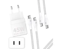 45w Snellader met 2x usb-C Kabel 2 Meter - Super Fast Charger - 45w - Geschikt voor Samsung, MacBook, iPhone 15