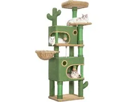 Arbre à chat cactus Hzuaneri, arbre à chat de 165 cm avec 6 poteaux à griffer, 2 plateformes, 2 niches, panier, boules en peluche, corde en sisal, adapté aux chats de différentes tailles, vert-brun