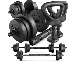 Trex Sport TX-010SM Bitumen Halterset – ensemble d’haltères en bitume 2×10 kg avec barre allongée, kettlebell et poignées pour pompes – réglable – set d’haltères – respectueux du sol – poids en bitume – poids total 20 kg