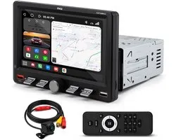 Pyle 1DIN Autoradio – 7 Inch Draadloos Apple CarPlay & Android Auto – Bluetooth – USB-C Snelladen – AM/FM Radio – Mirror Link – Inclusief Achteruitrijcamera