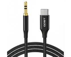 Qost - Câble USB-C vers Aux - Zwart - 1 Mètre - Jack 3,5 mm vers USB-C - Male vers Male - Compatible avec iPhone 15 / 15pro / 15plus / 15pro max / iPad Pro / Air, Galaxy S23 Ultra / S23 / S22 / S21, Huawei P60 / 50 / 40 etc.
