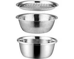Salad Spinner, Multi-Function Stainless Steel Basin, 3-in-1 Stainless Steel Basin, Colander and Grater, Drain Bowl with Mixing Bowl and Slicer for Cooking, Preparing, Food Storage