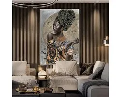 Allernieuwste.nl® Canvas Schilderij Traditionele Afrikaanse Vrouw Meisje - Modern African Art - 50 x 70 cm - Kleur