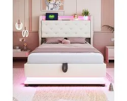 Children's Bed Upholstered Bed 90 x 200 cm with Colour Changing Lights and USB Socket, Headboard Fold-Up with Hydraulic Storage Space with Phone Compartment, Multifunctional Single Bed